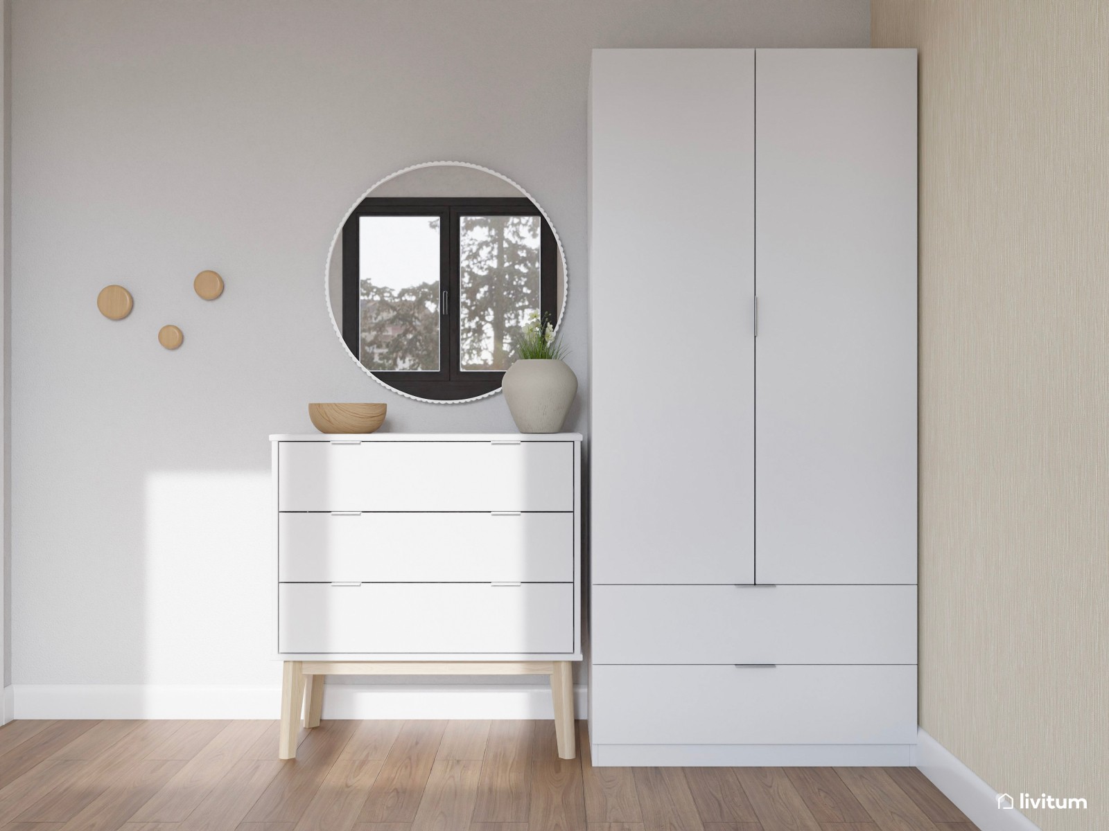   Moderno dormitorio en tonos tierra claros con papel pintado