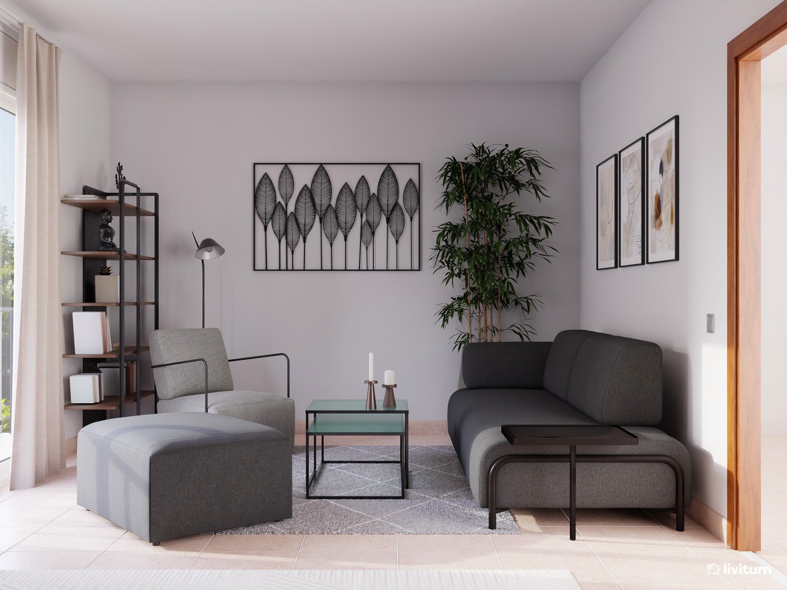Moderno e industrial salón comedor en tonos oscuros 