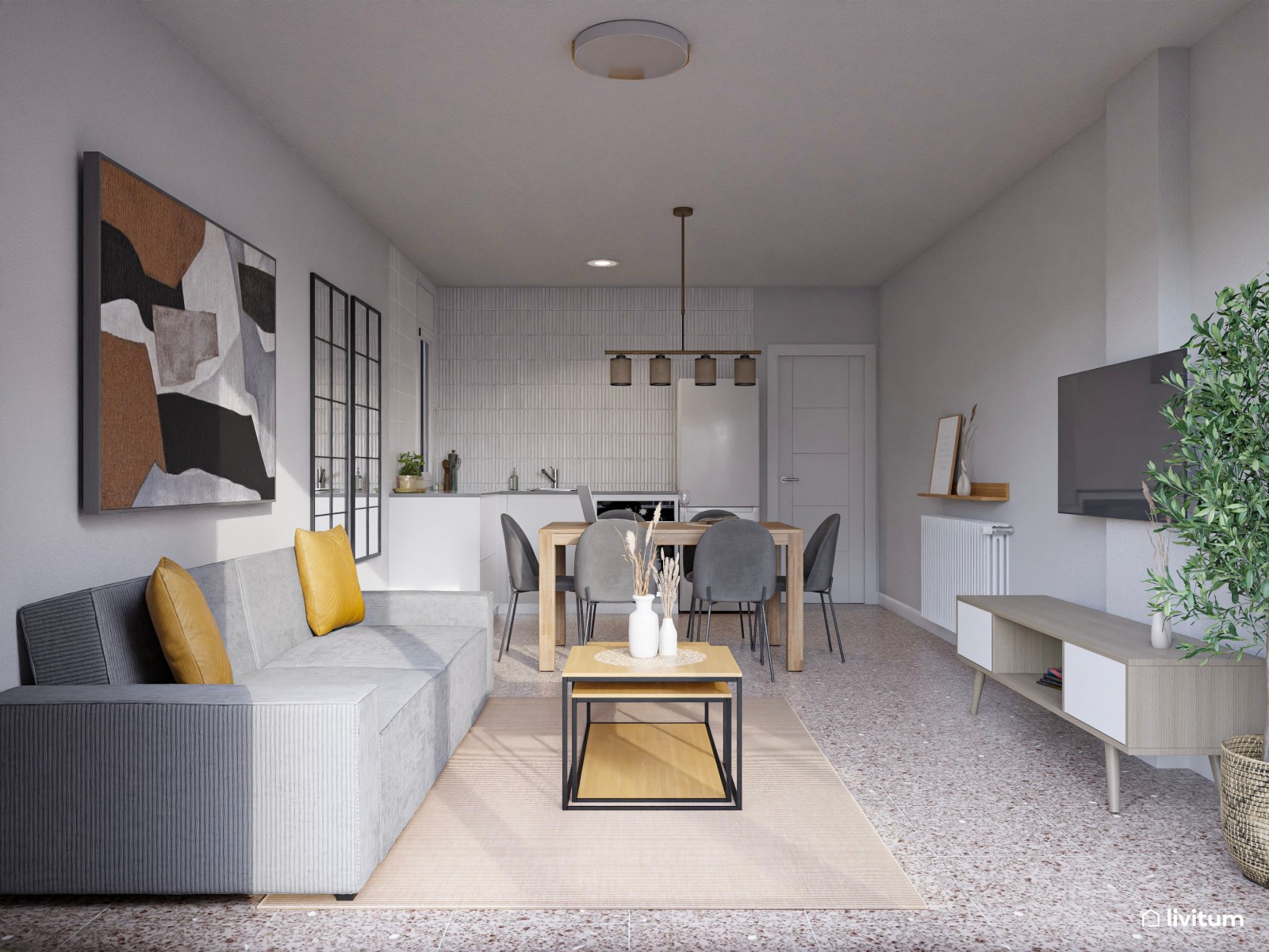 Moderno piso turístico decorado en tonos grises y detalles cálidos