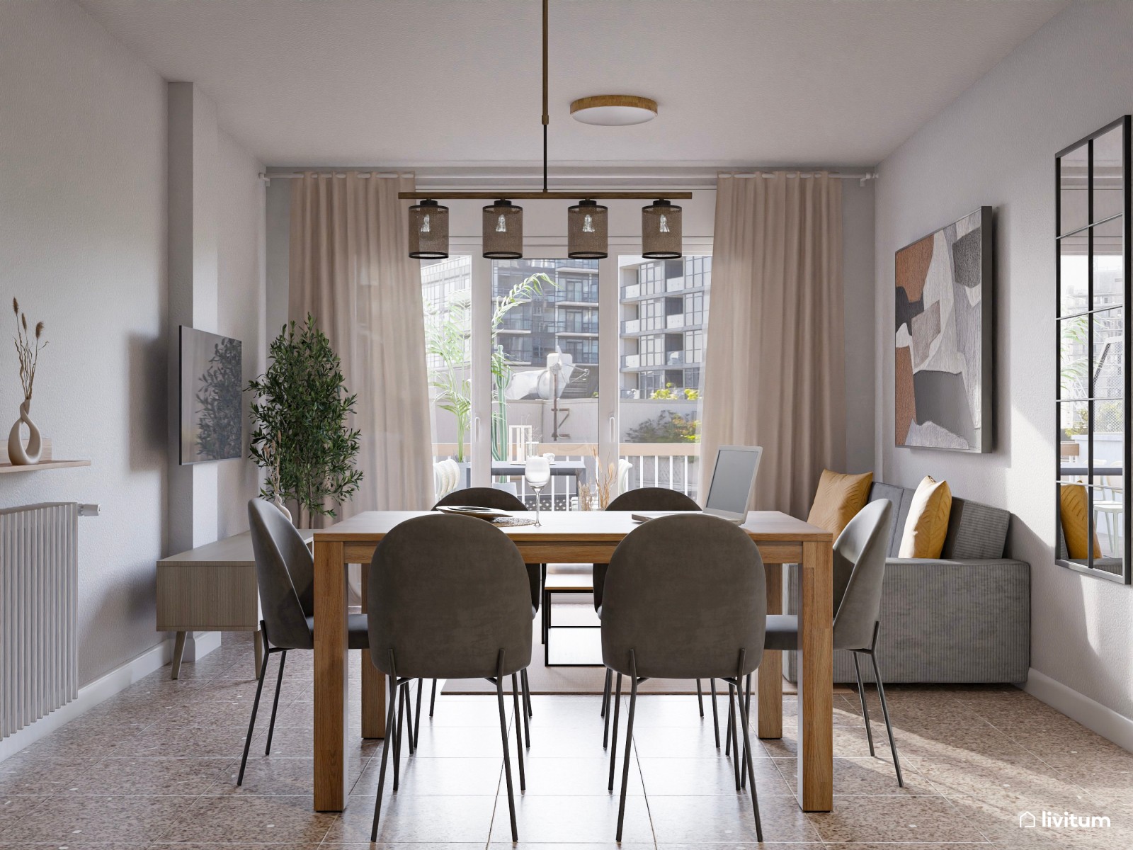 Moderno piso turístico decorado en tonos grises y detalles cálidos