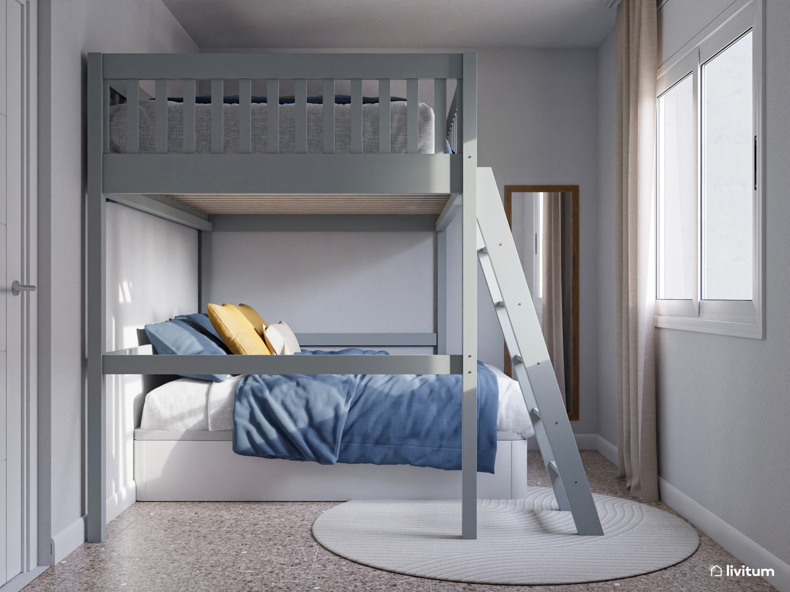 Moderno piso turístico decorado en tonos grises y detalles cálidos