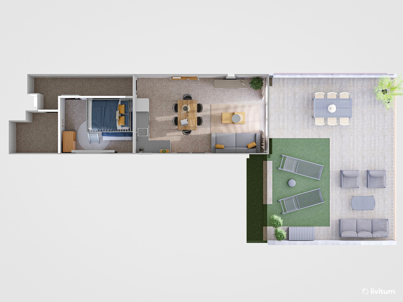 Moderno piso turístico decorado en tonos grises y detalles cálidos