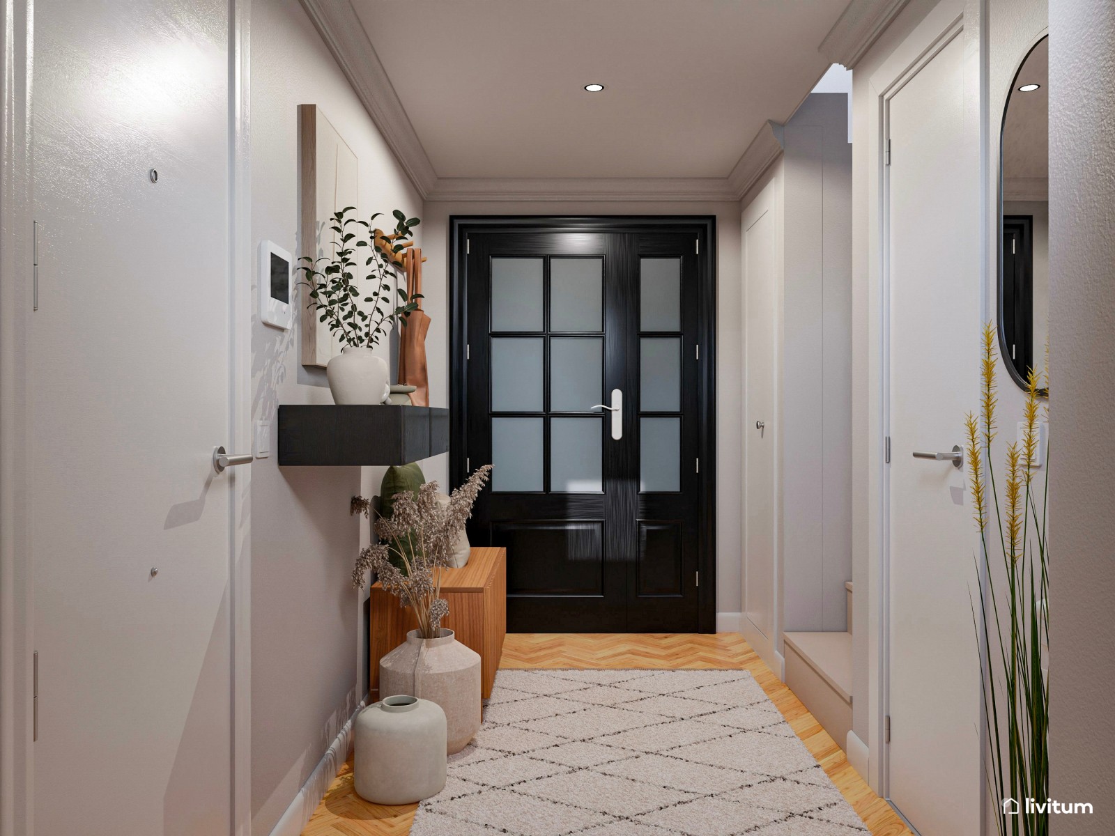 Moderno recibidor con almacenaje y consola flotante 