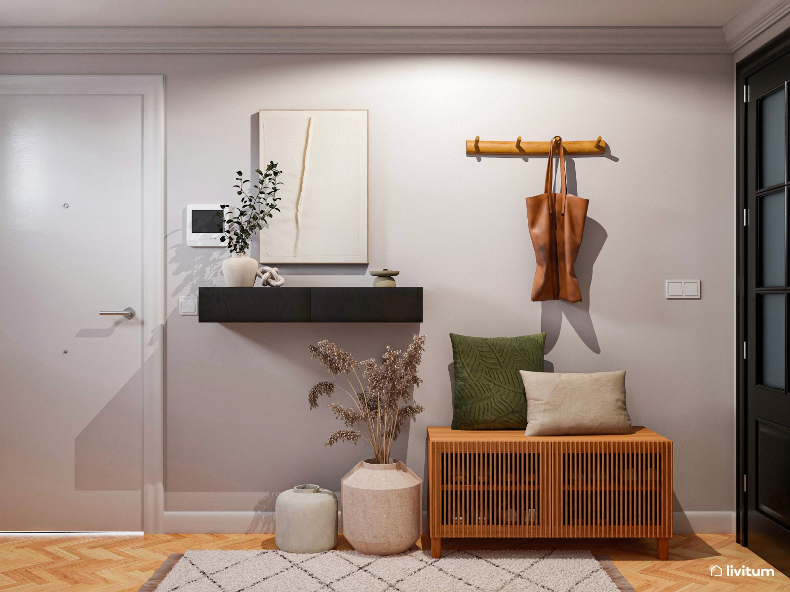 Moderno recibidor con almacenaje y consola flotante 