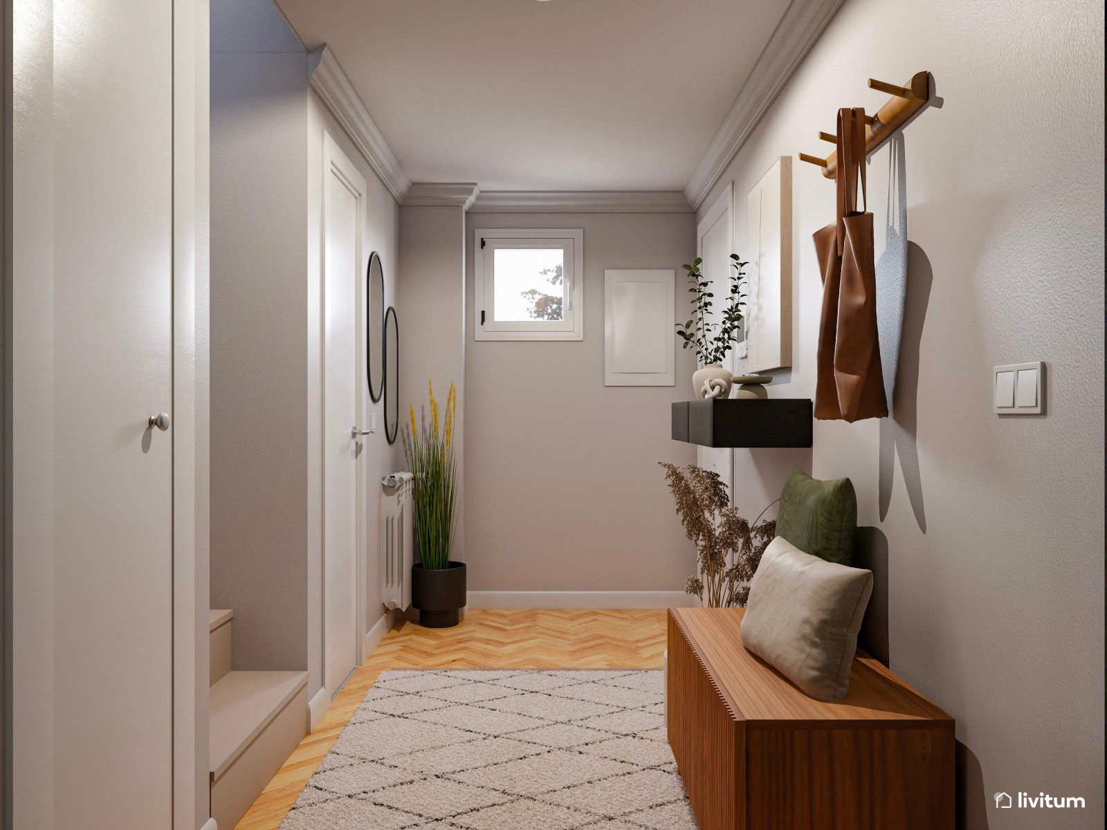 Moderno recibidor con almacenaje y consola flotante 