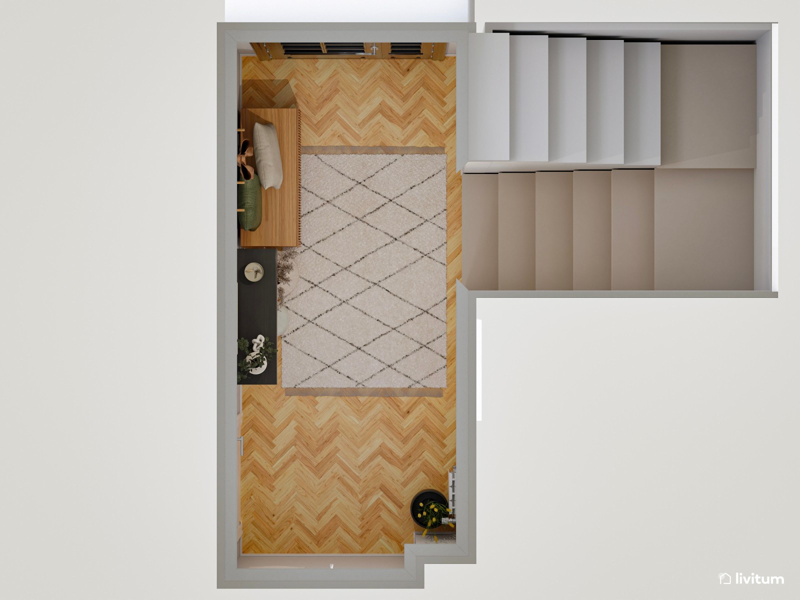 Moderno recibidor con almacenaje y consola flotante 