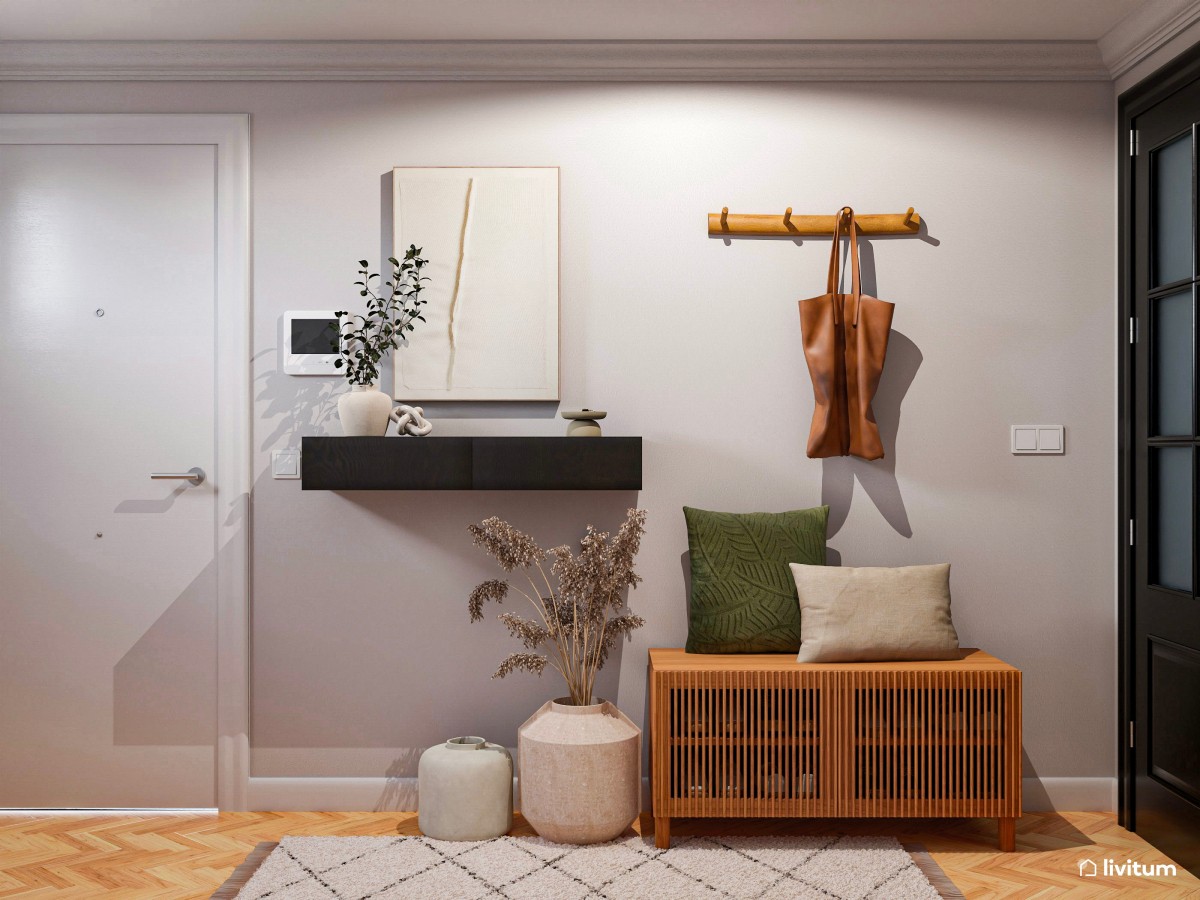 Moderno recibidor con almacenaje y consola flotante