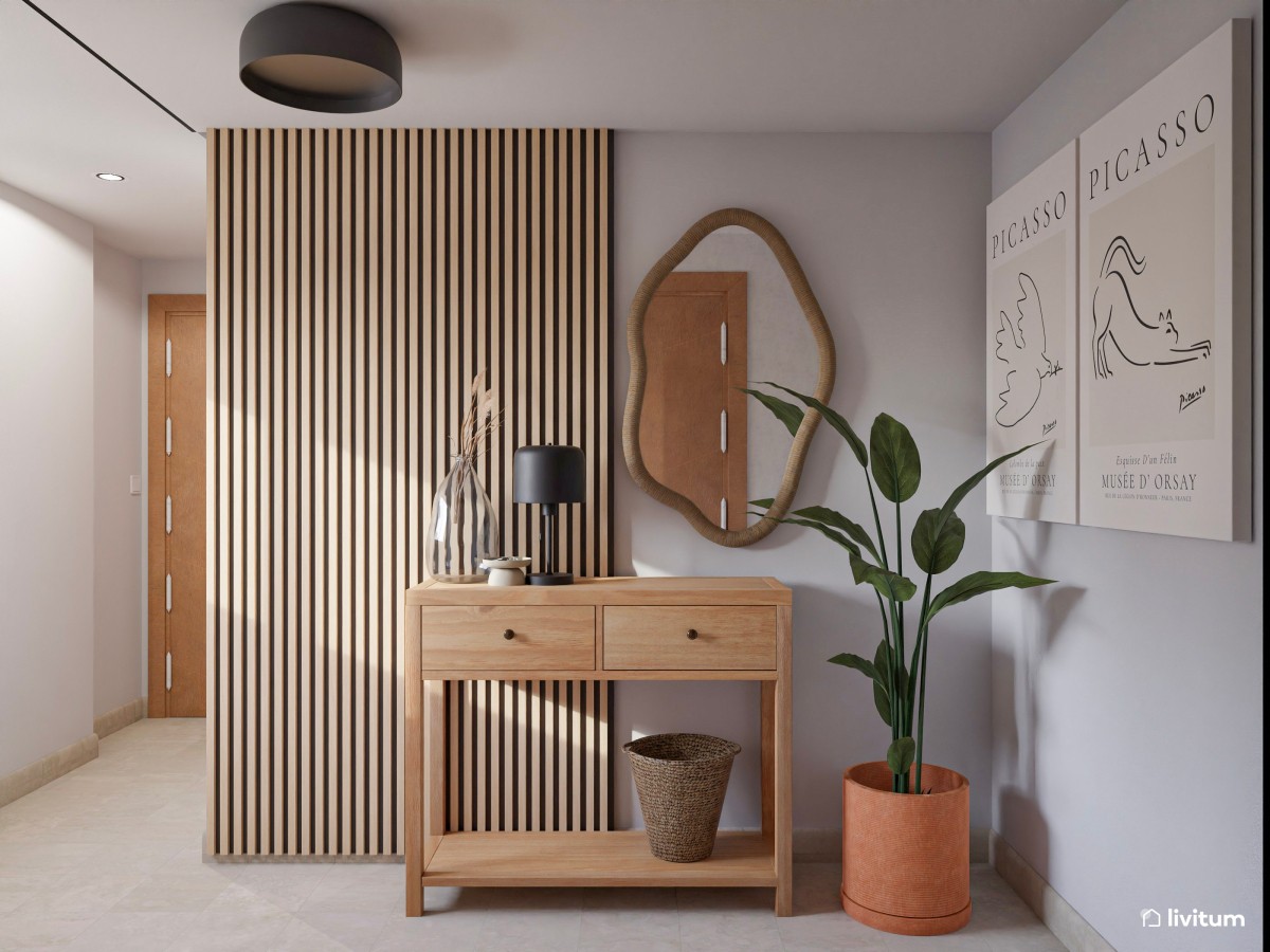 Moderno recibidor con mucha madera
