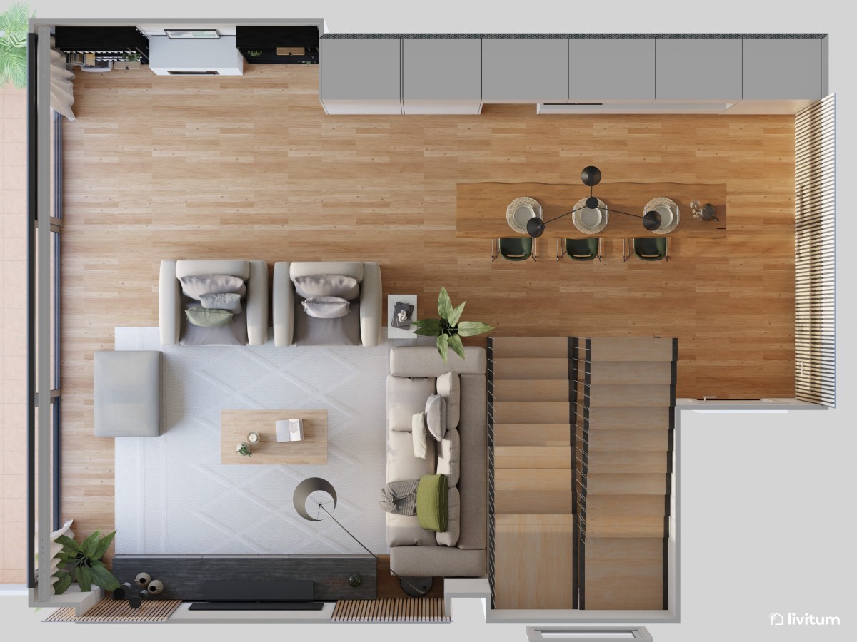 moderno-sal-n-abierto-con-cocina-peque-a-y-original-escalera-livitum