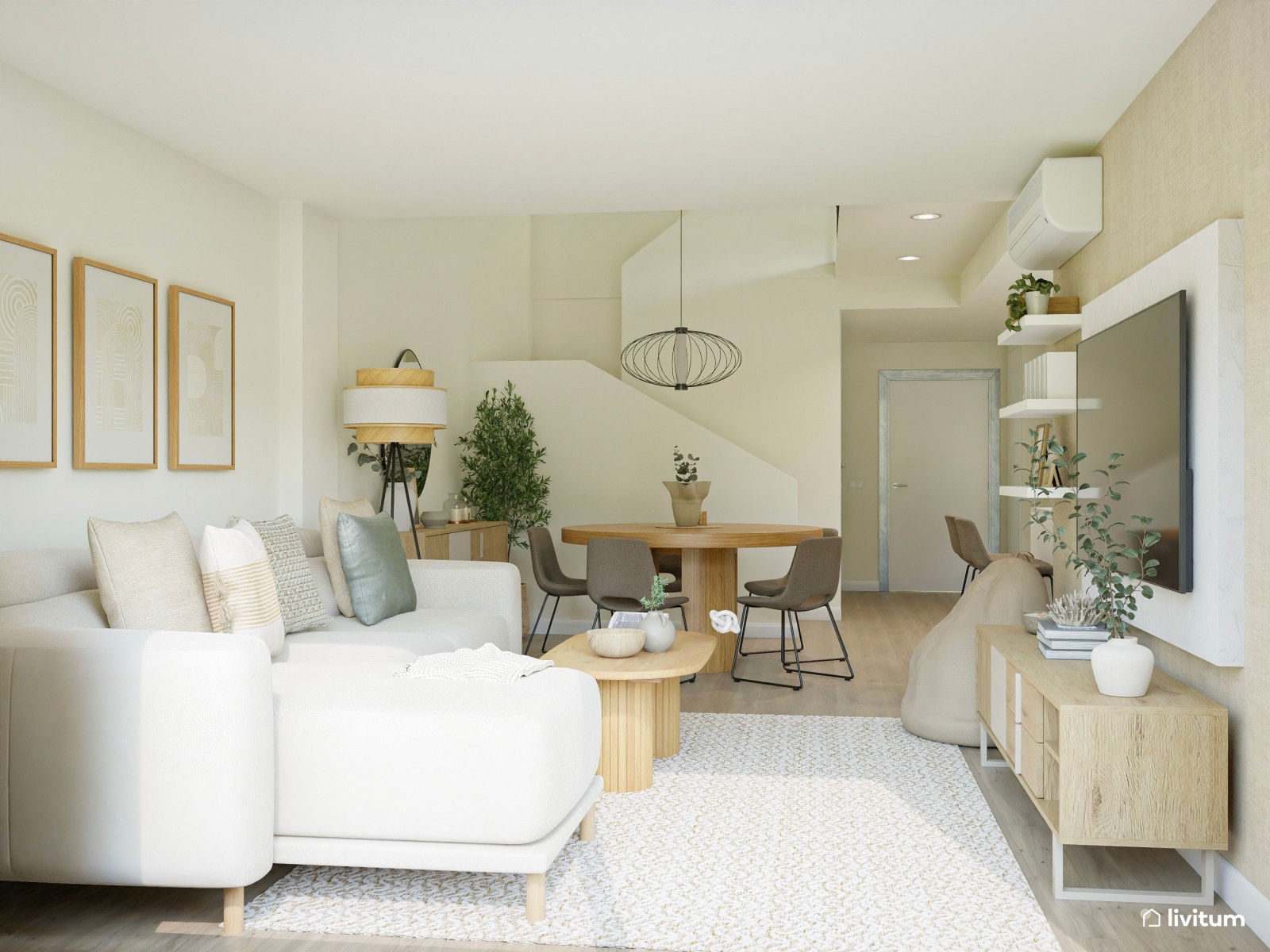 Moderno salón comedor abierto en colores muy claros con detalles en negro