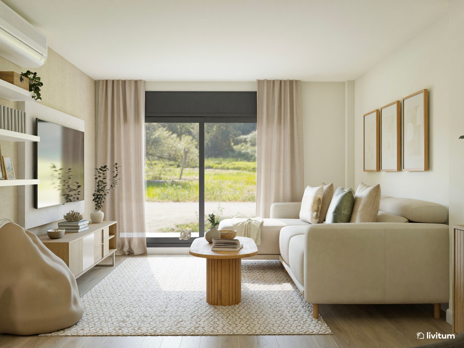 Moderno salón comedor abierto en colores muy claros con detalles en negro