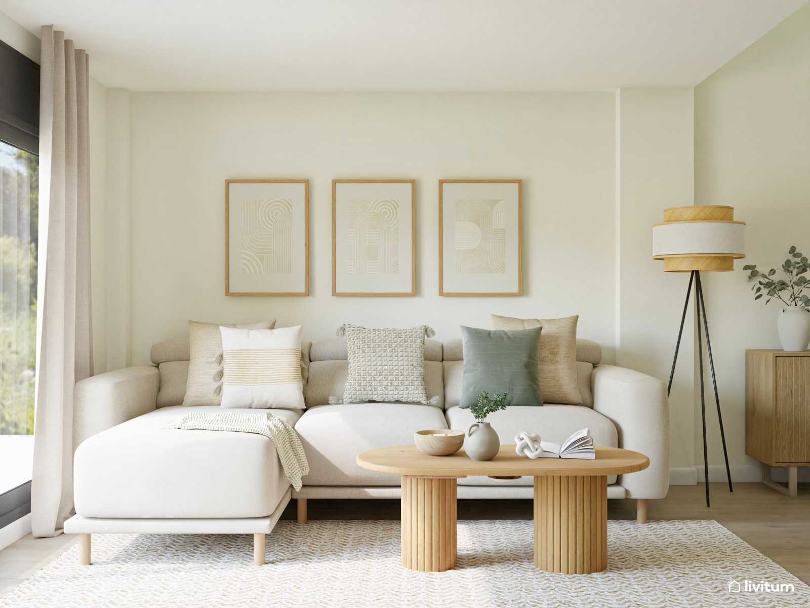 Moderno salón comedor abierto en colores muy claros con detalles en negro