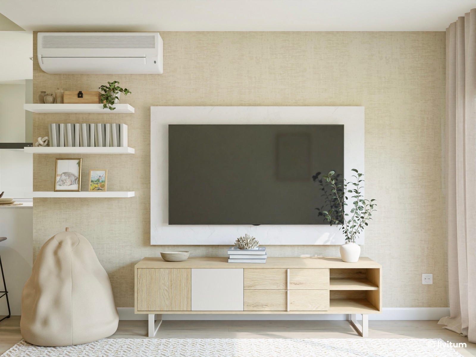 Moderno salón comedor abierto en colores muy claros con detalles en negro