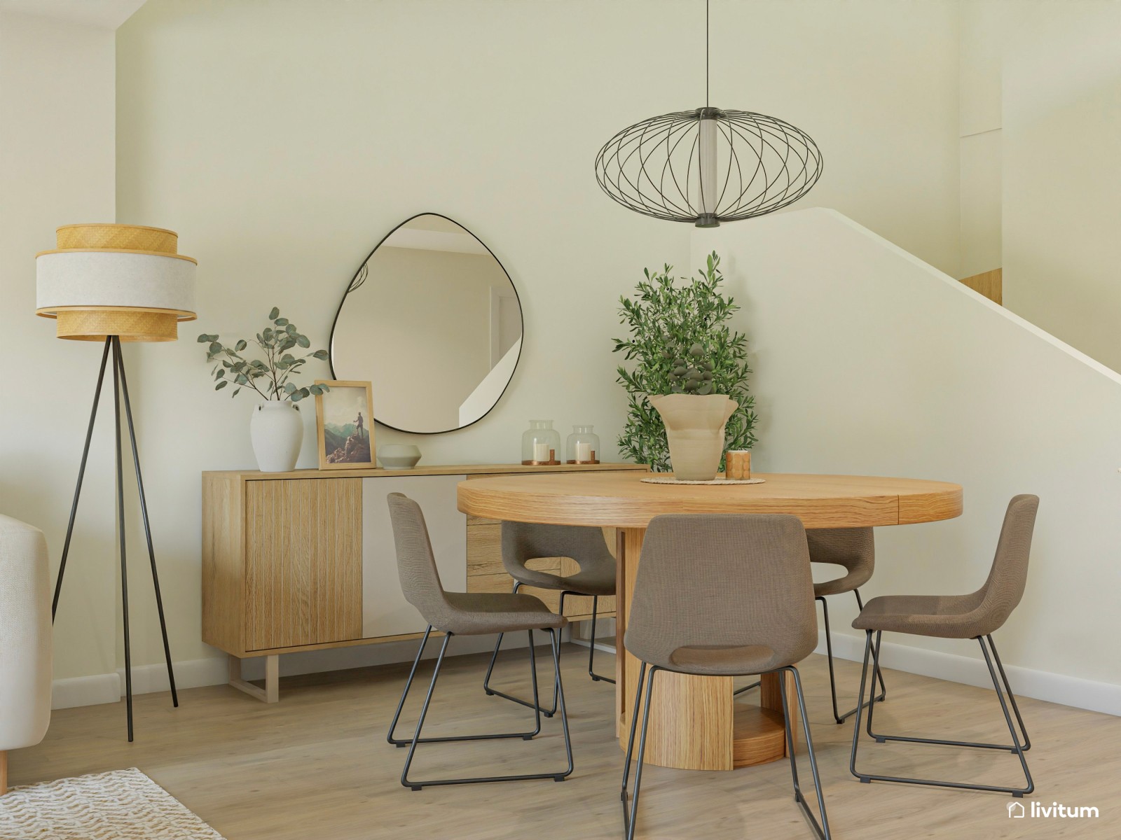 Moderno salón comedor abierto en colores muy claros con detalles en negro