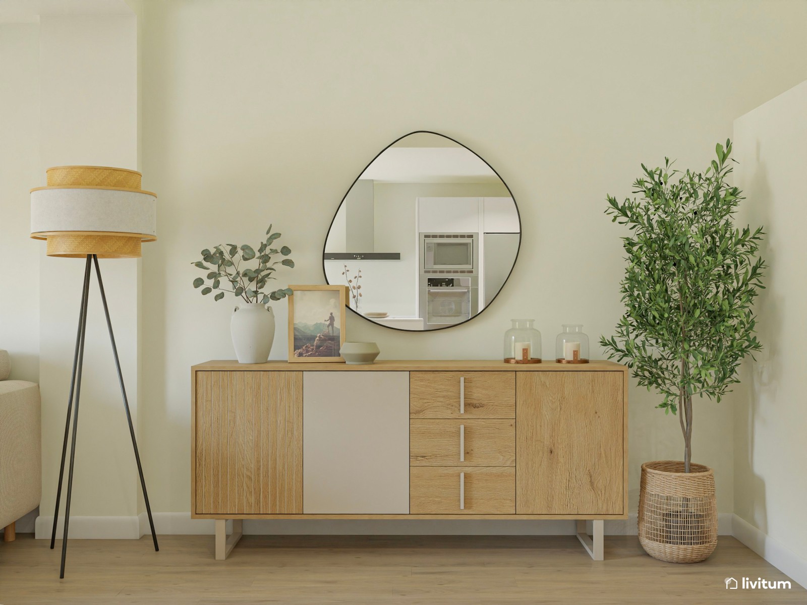 Moderno salón comedor abierto en colores muy claros con detalles en negro