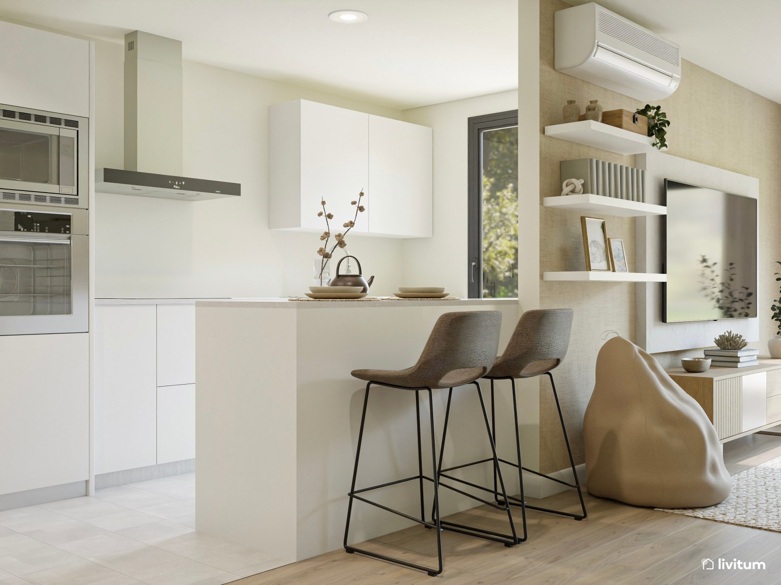 Moderno salón comedor abierto en colores muy claros con detalles en negro