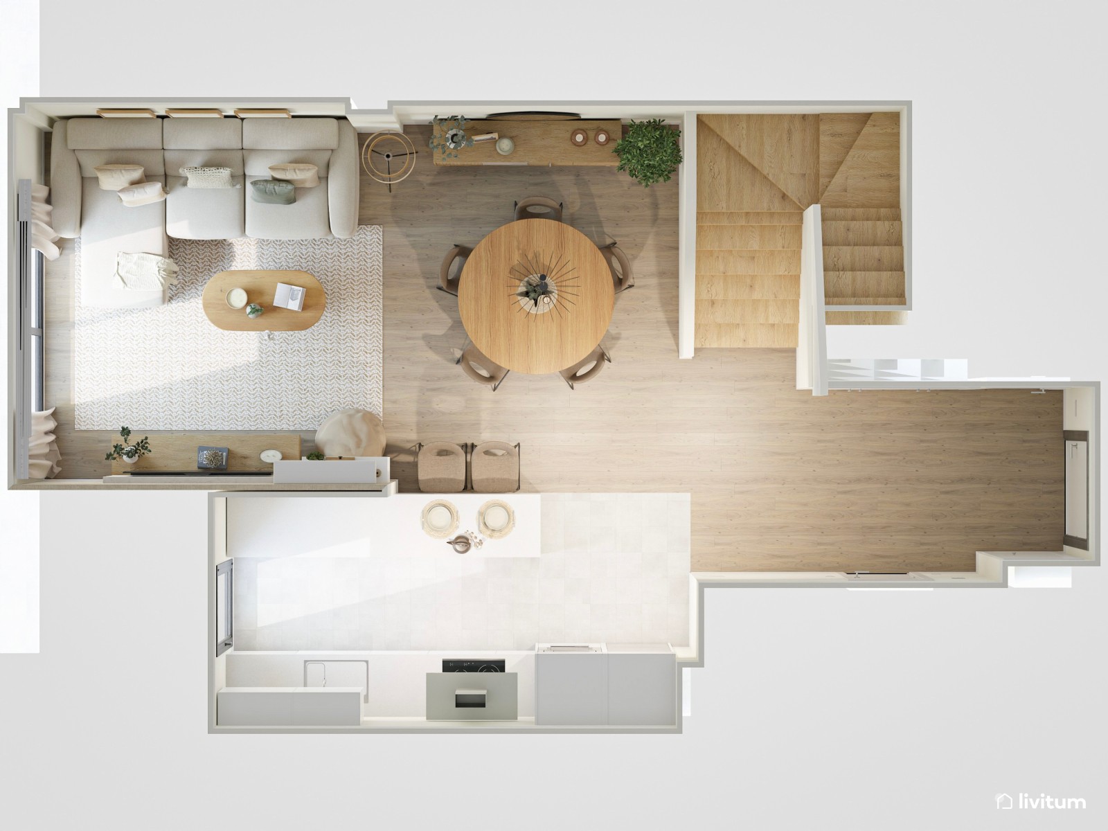 Moderno salón comedor abierto en colores muy claros con detalles en negro