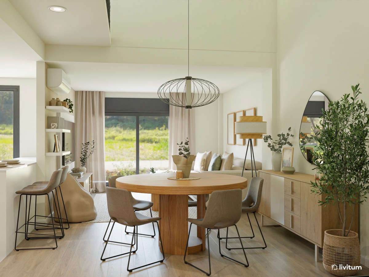 Moderno salón comedor abierto en colores muy claros con detalles en negro