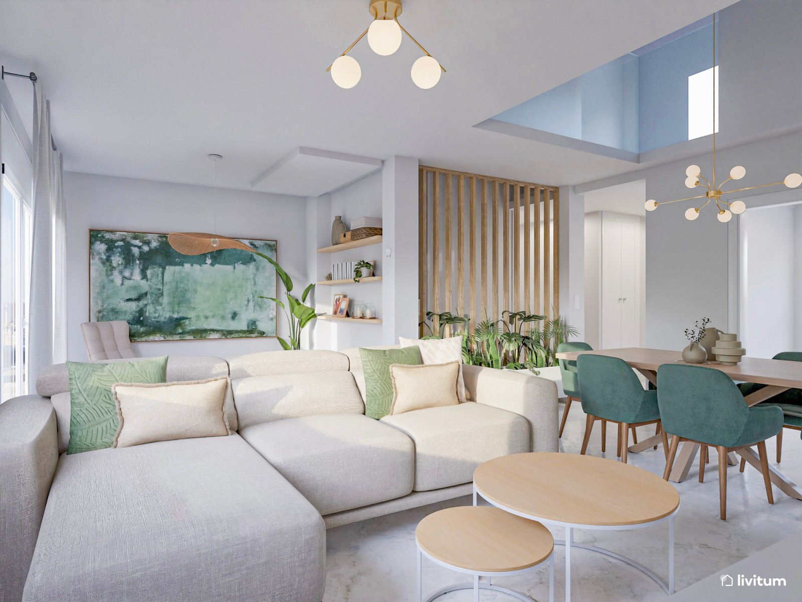 Moderno salón comedor blanco con detalles en verde