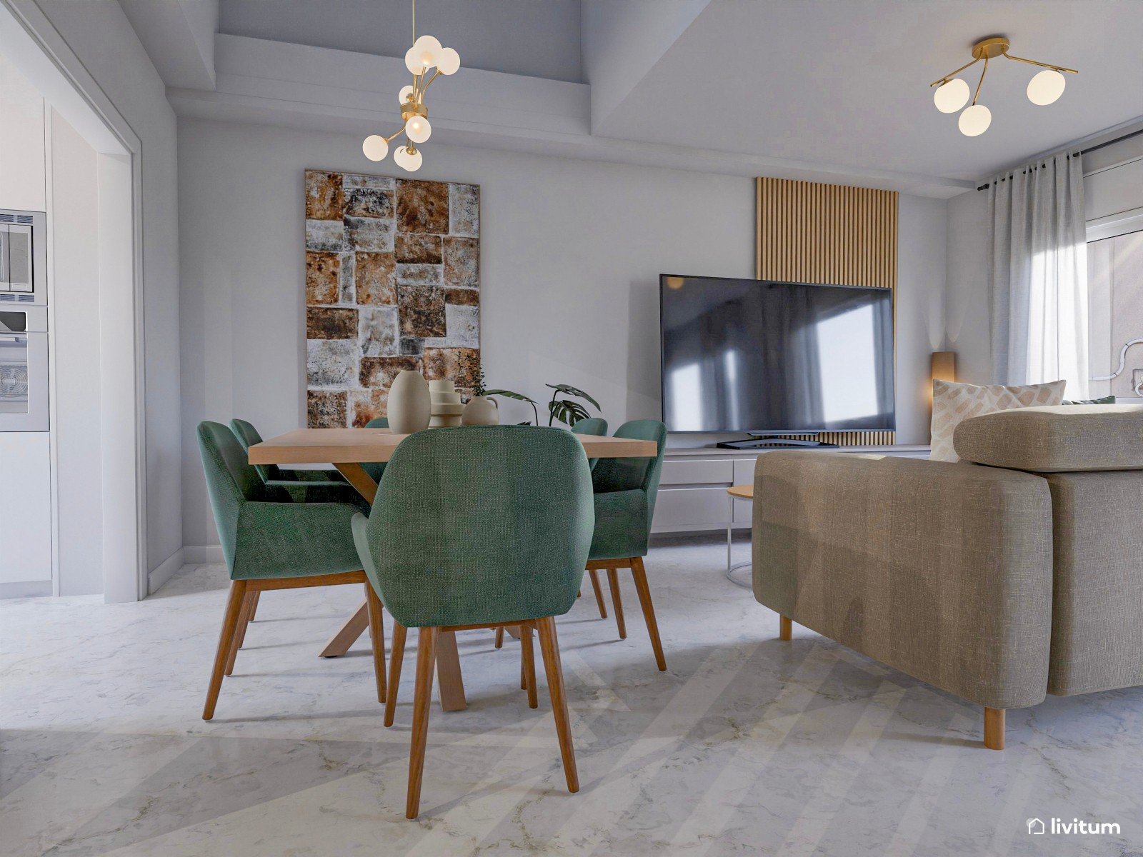 Moderno salón comedor blanco con detalles en verde