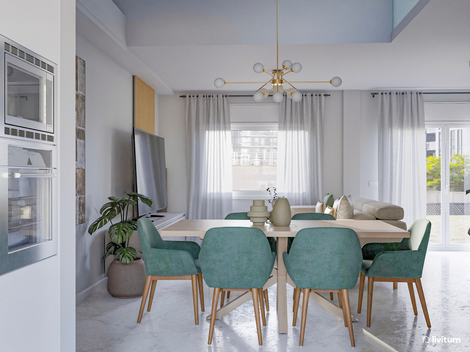 Moderno salón comedor blanco con detalles en verde