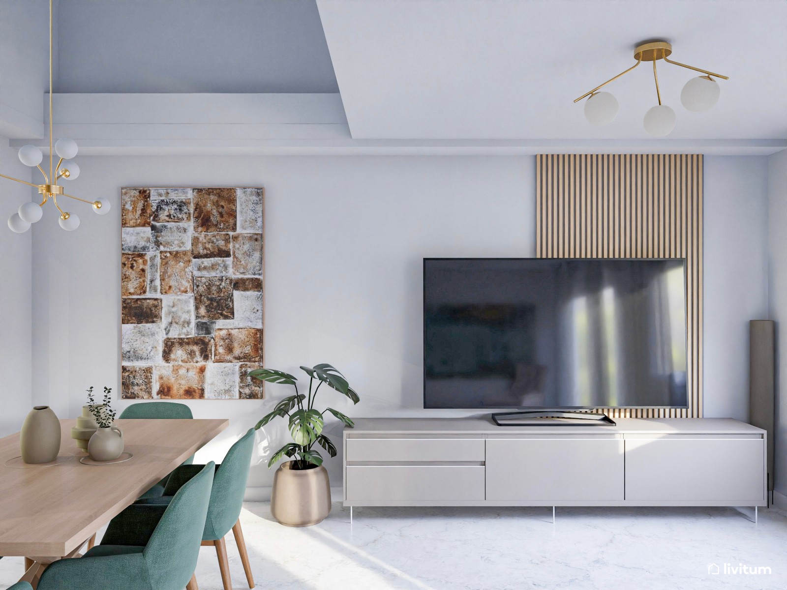 Moderno salón comedor blanco con detalles en verde