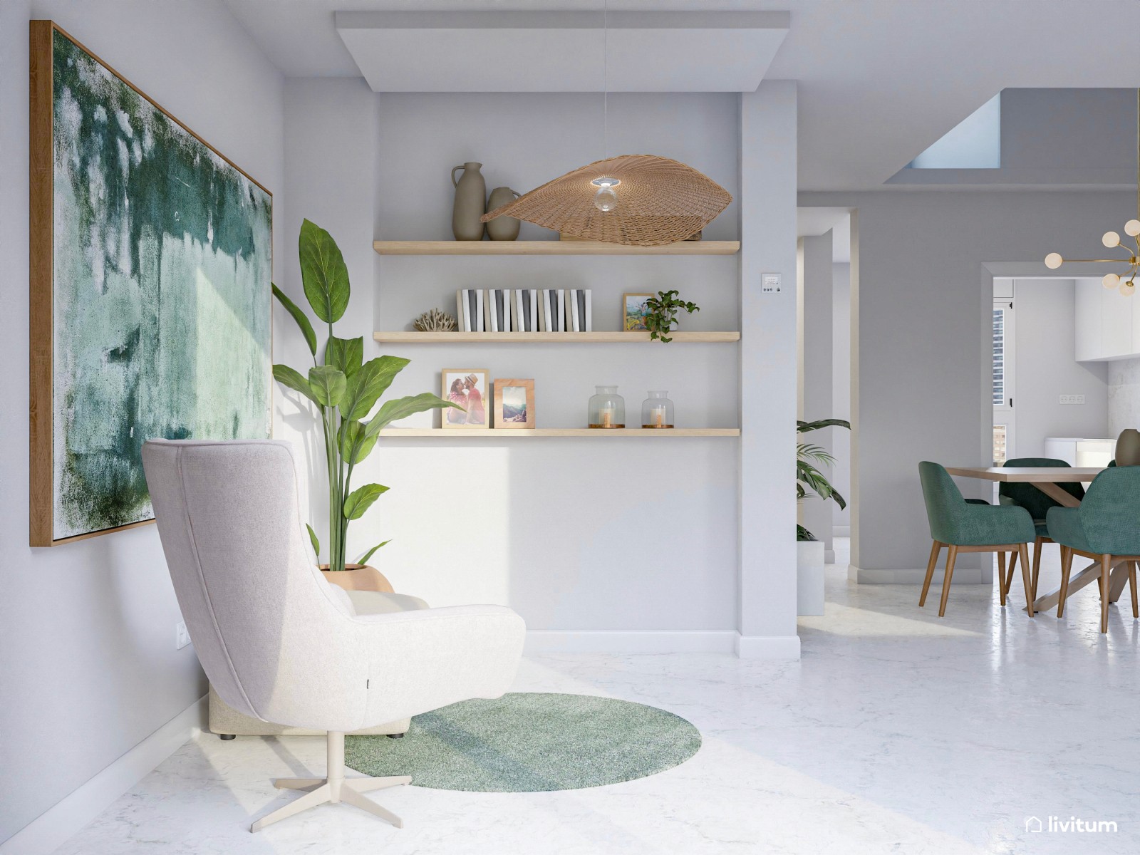 Moderno salón comedor blanco con detalles en verde
