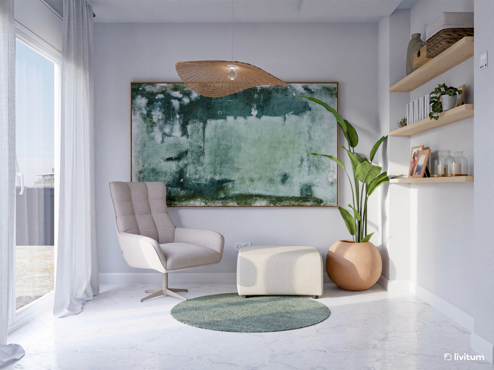 Moderno salón comedor blanco con detalles en verde