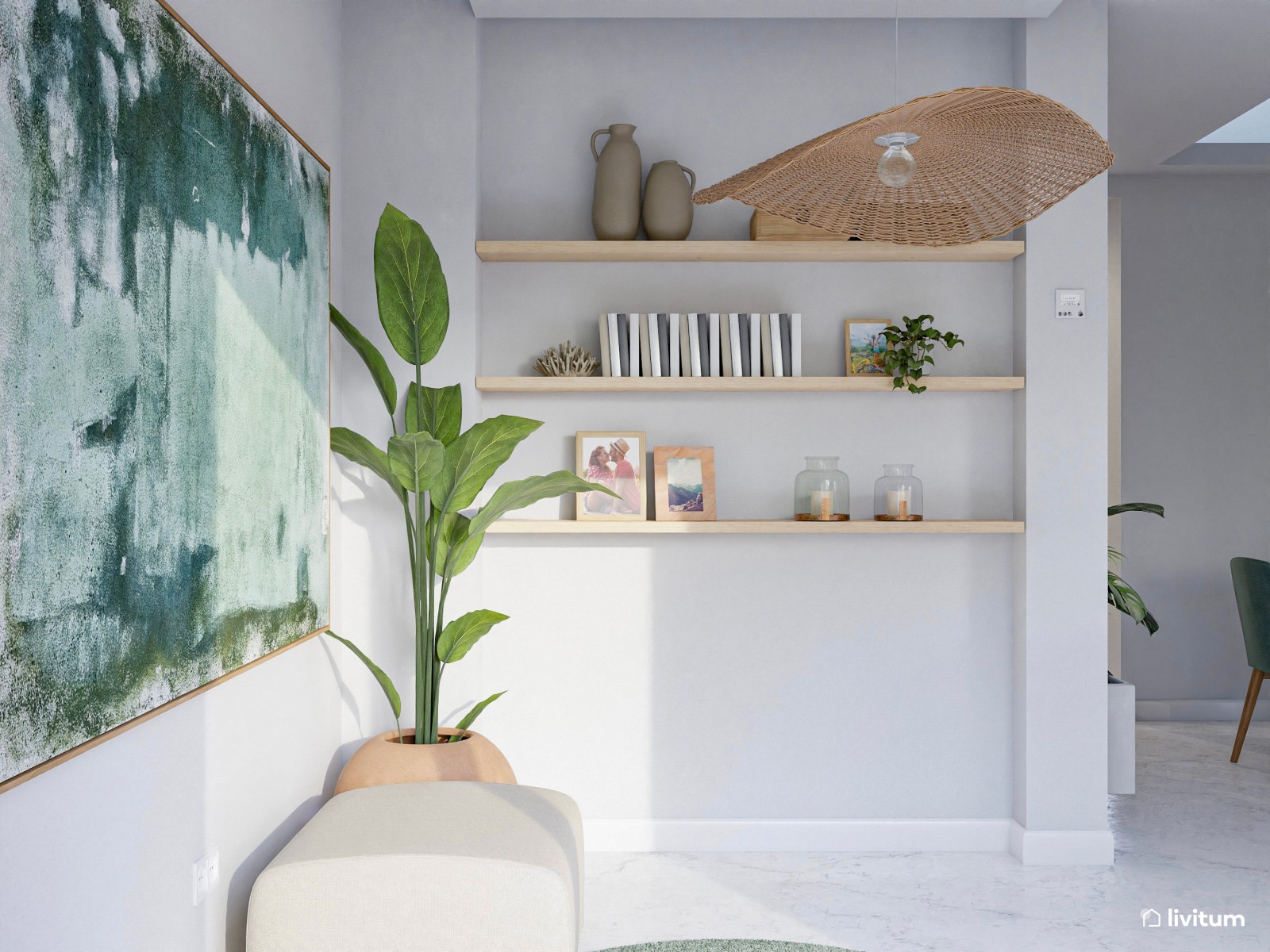 Moderno salón comedor blanco con detalles en verde