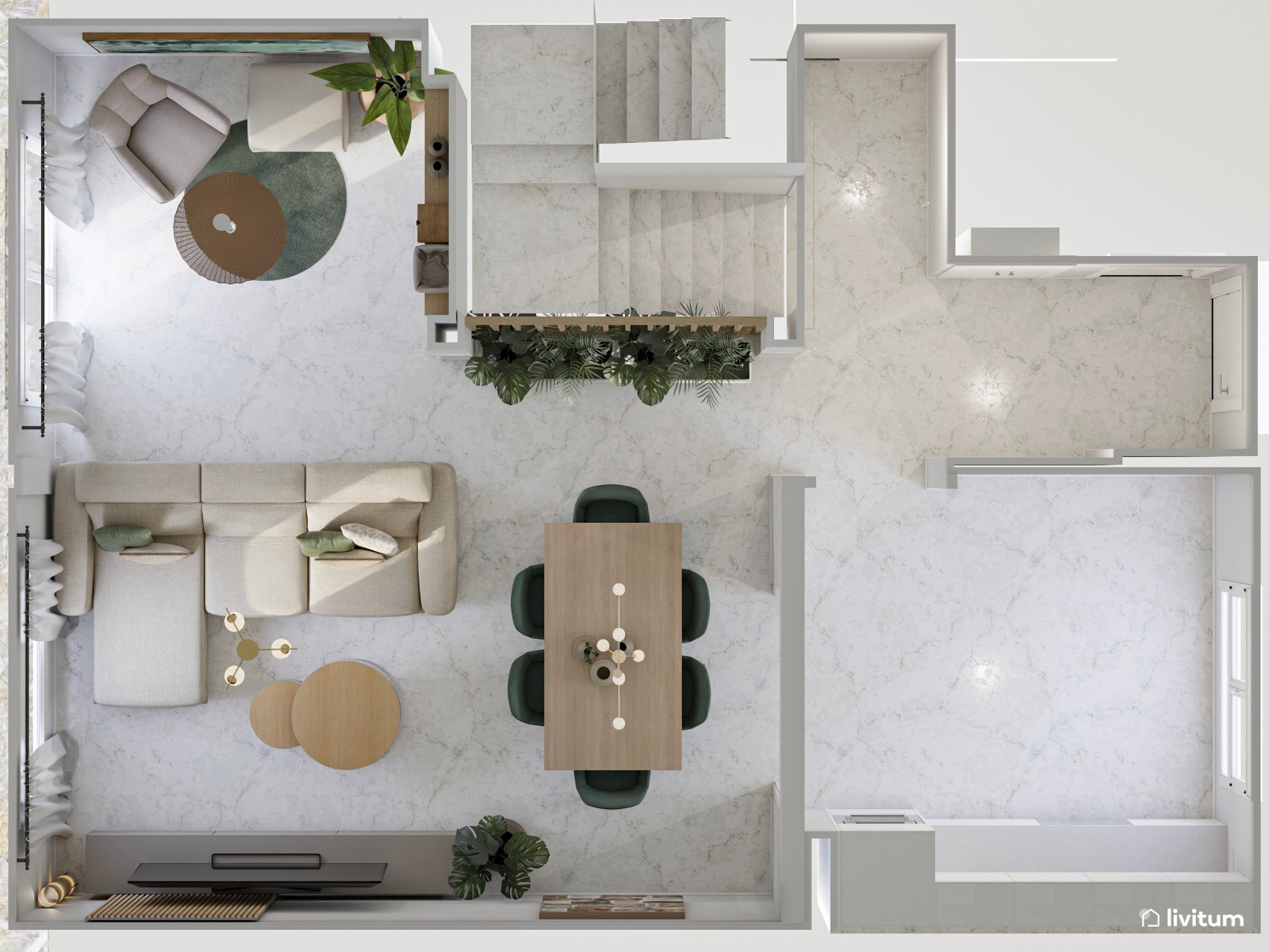 Moderno salón comedor blanco con detalles en verde
