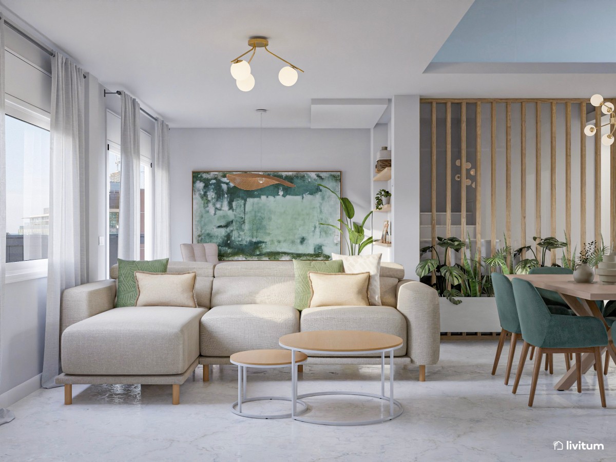 Moderno salón comedor blanco con detalles en verde