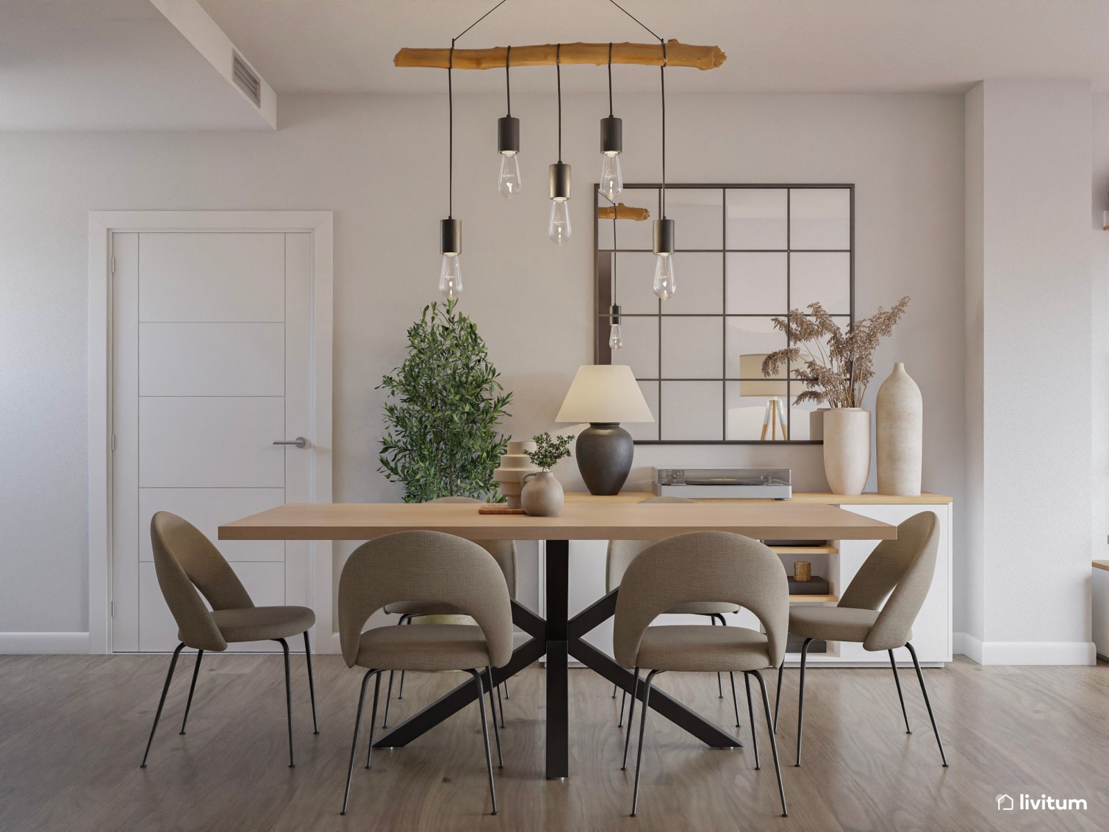 Moderno salón comedor blanco, gris y detalles en negro