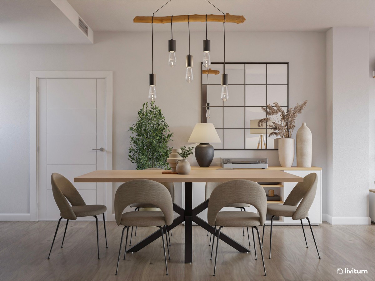 Moderno salón comedor blanco, gris y detalles en negro