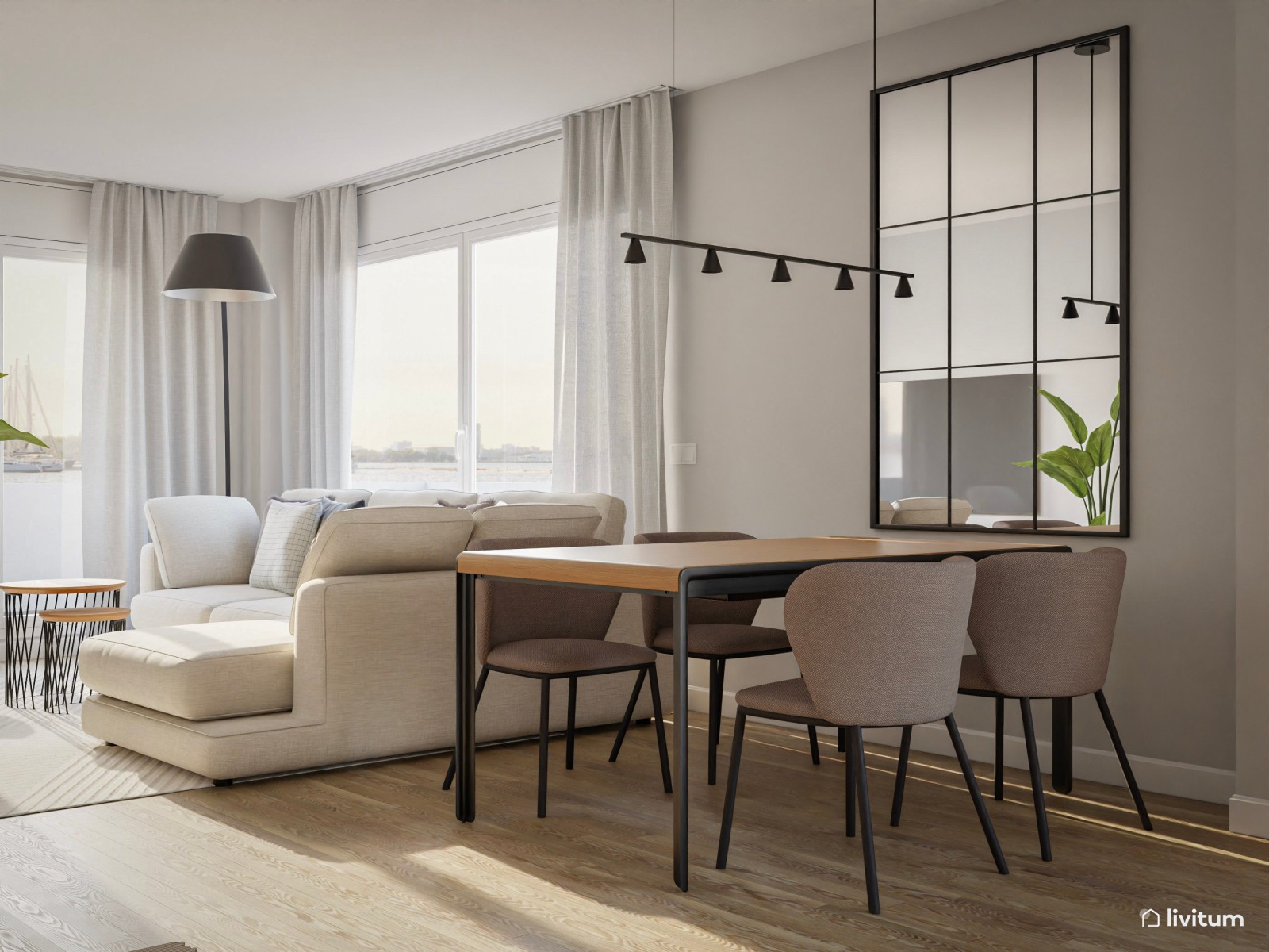 Moderno salón comedor con base neutra y detalles nórdicos 