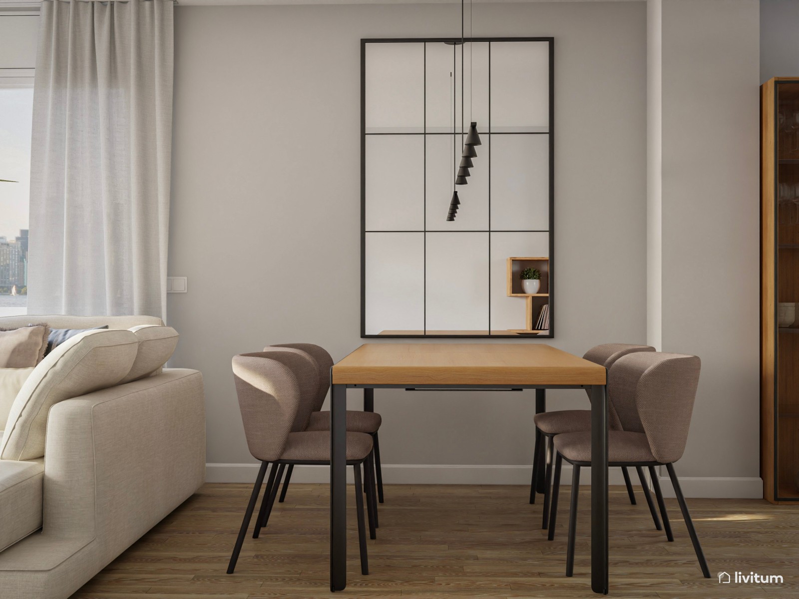 Moderno salón comedor con base neutra y detalles nórdicos 