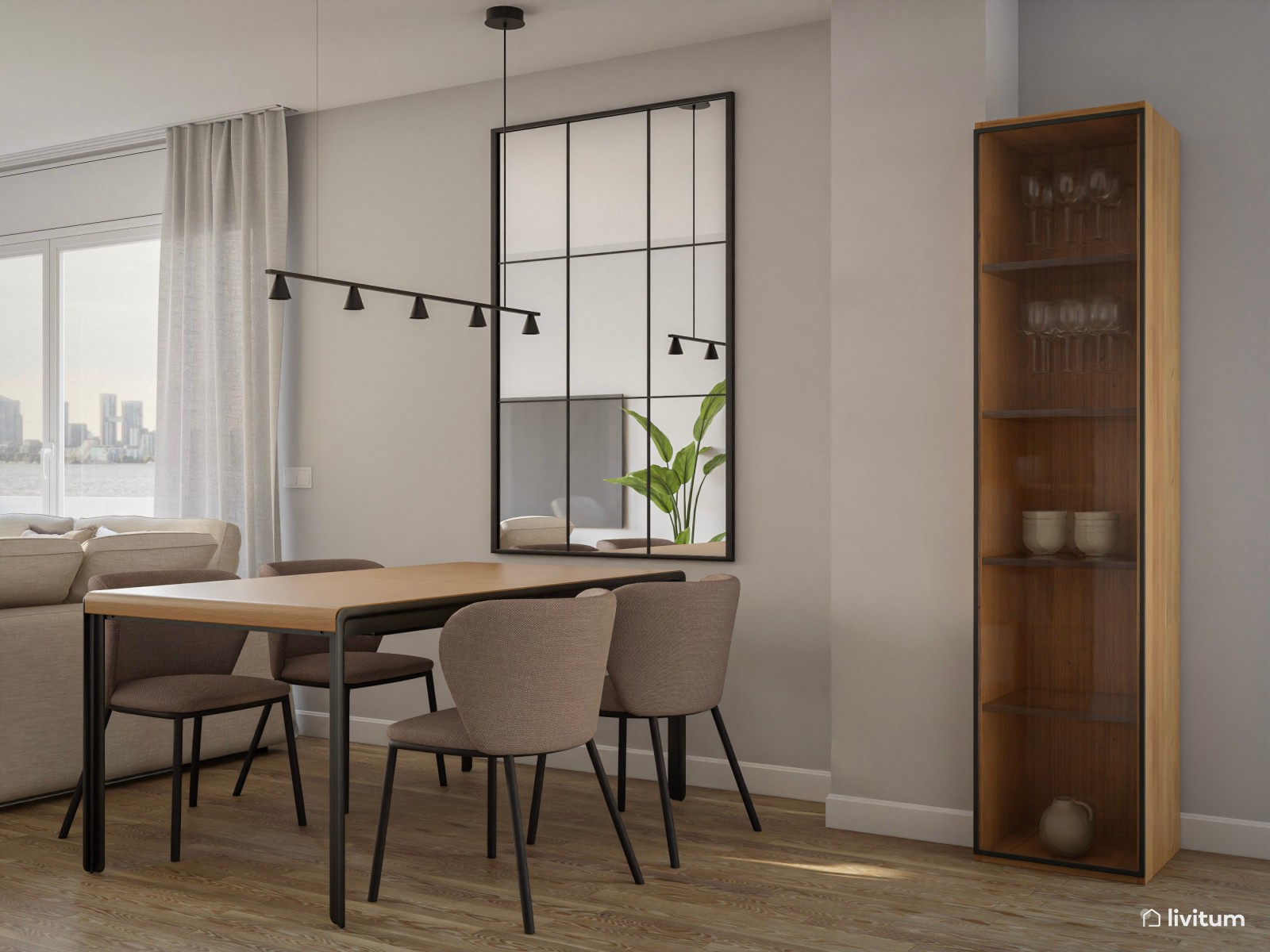 Moderno salón comedor con base neutra y detalles nórdicos 