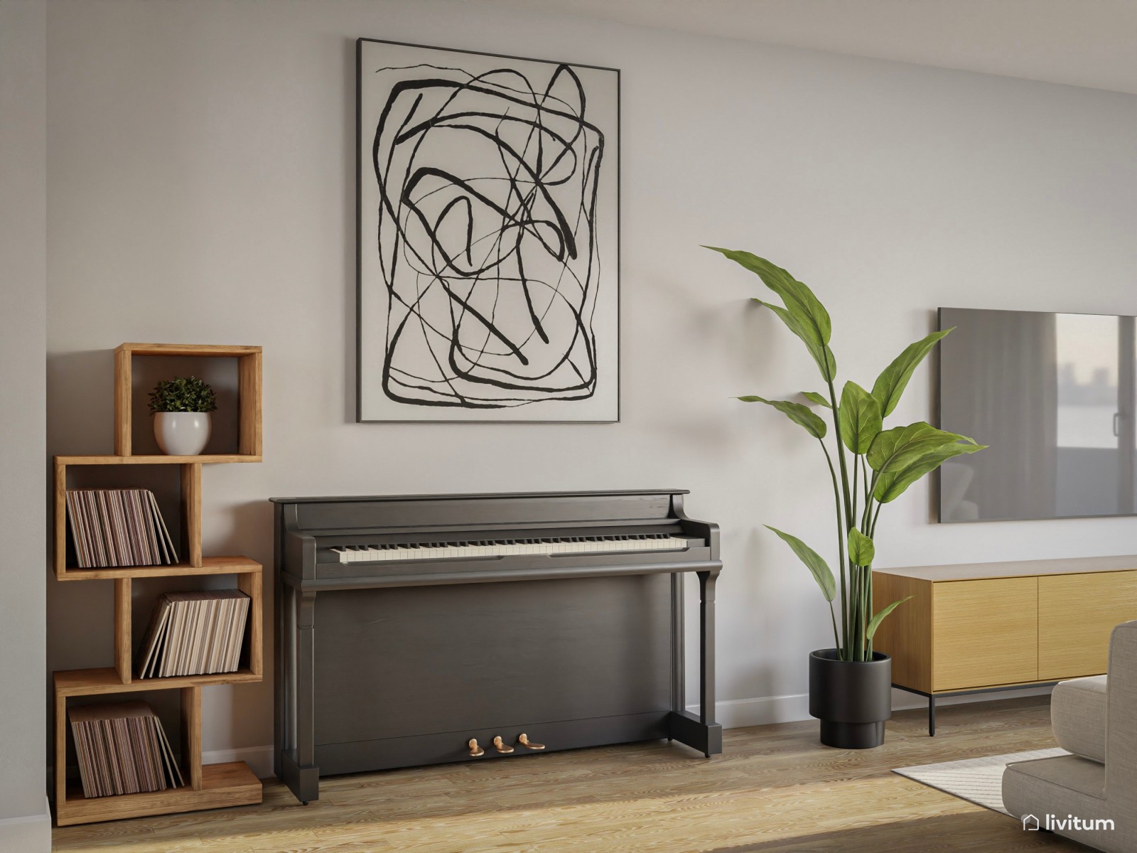 Moderno salón comedor con base neutra y detalles nórdicos 