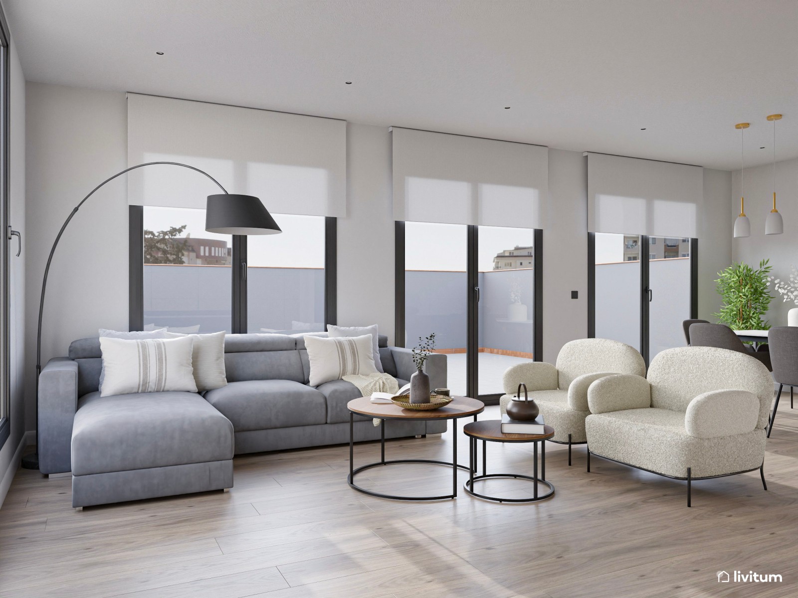 Moderno salón comedor con chimenea en tonos grises y detalles negros