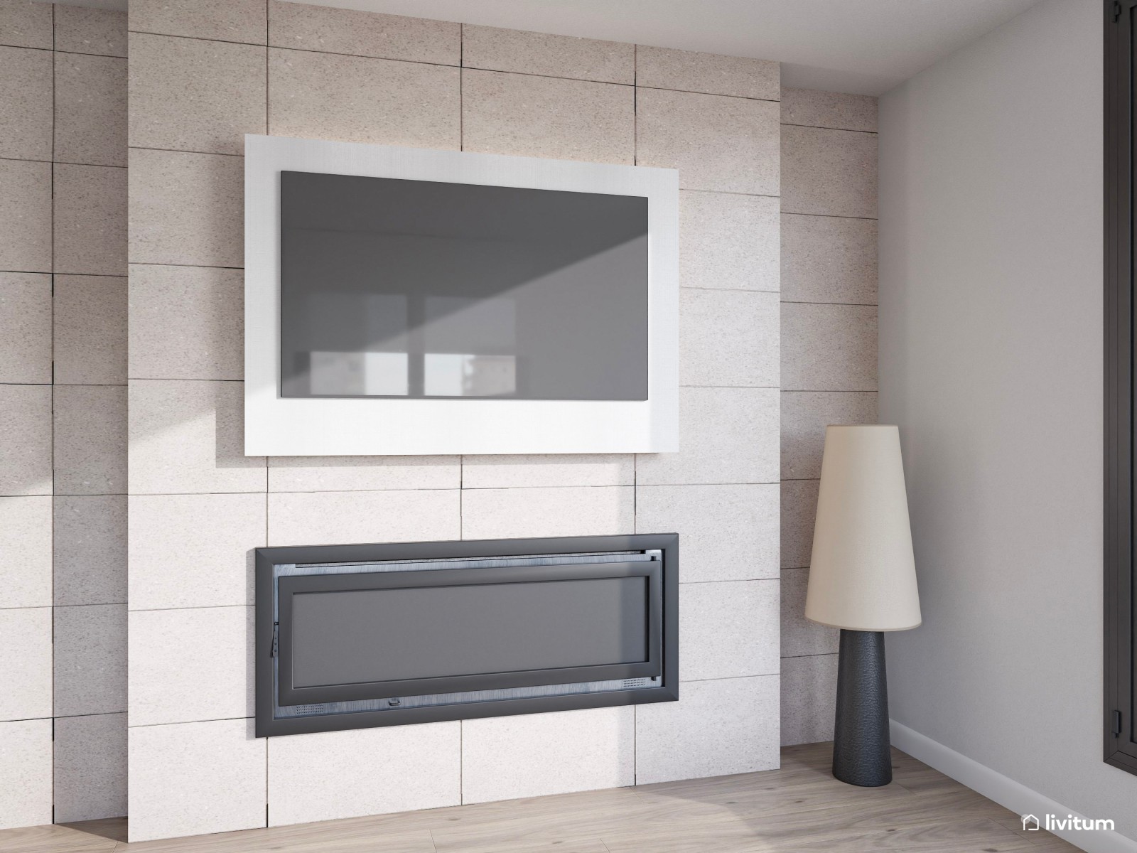 Moderno salón comedor con chimenea en tonos grises y detalles negros