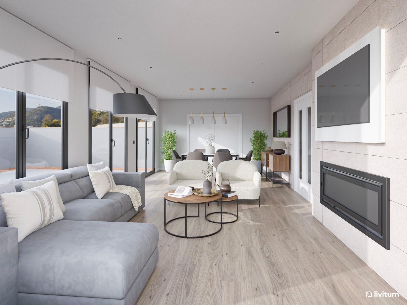 Moderno salón comedor con chimenea en tonos grises y detalles negros