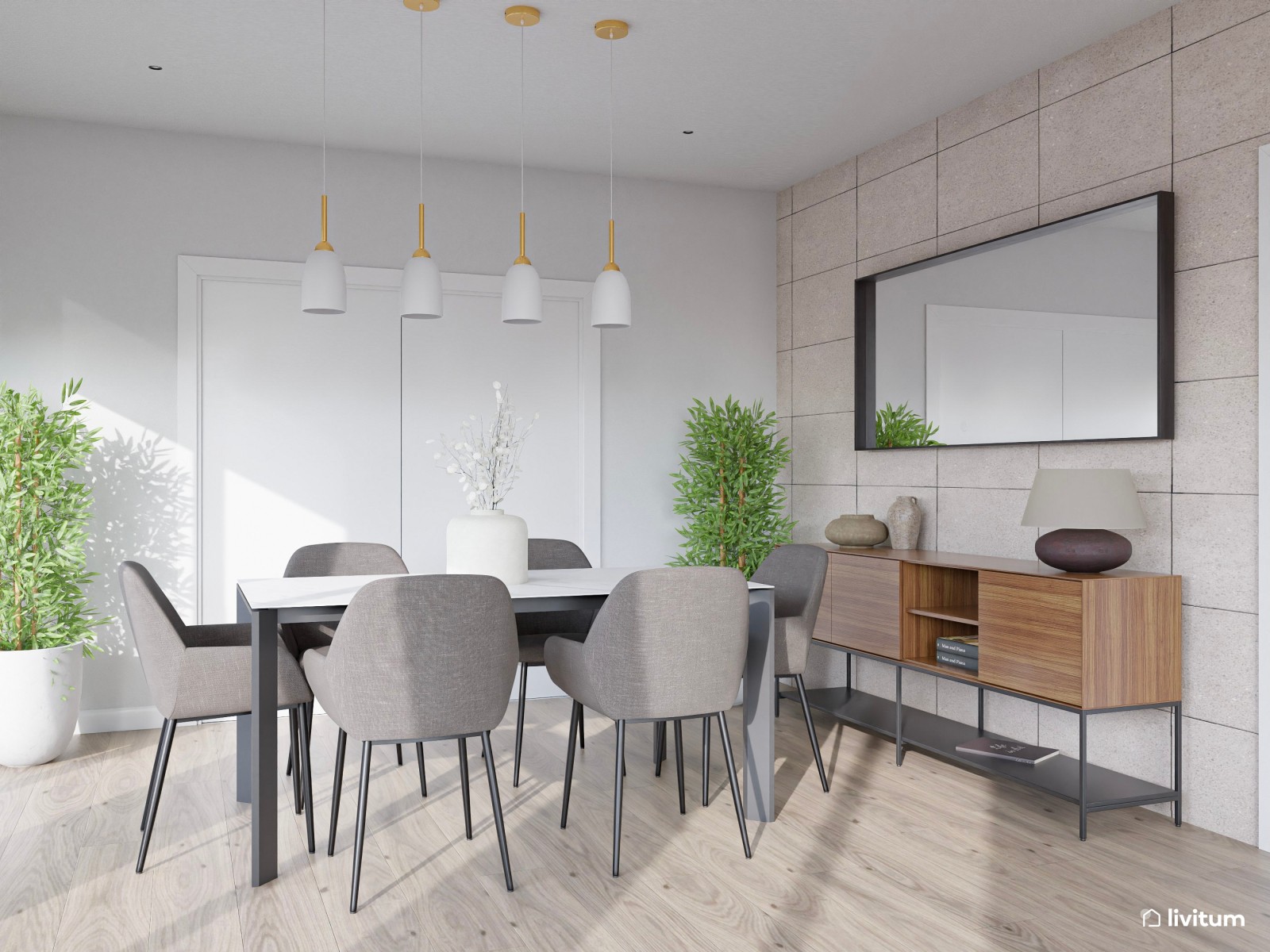 Moderno salón comedor con chimenea en tonos grises y detalles negros