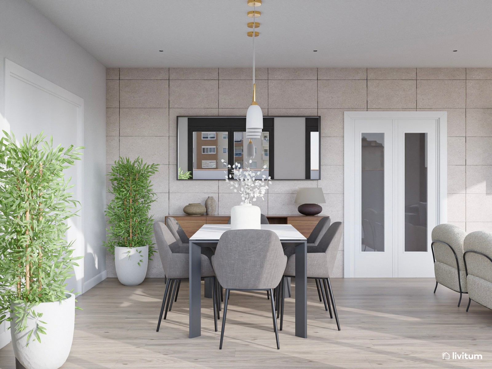 Moderno salón comedor con chimenea en tonos grises y detalles negros