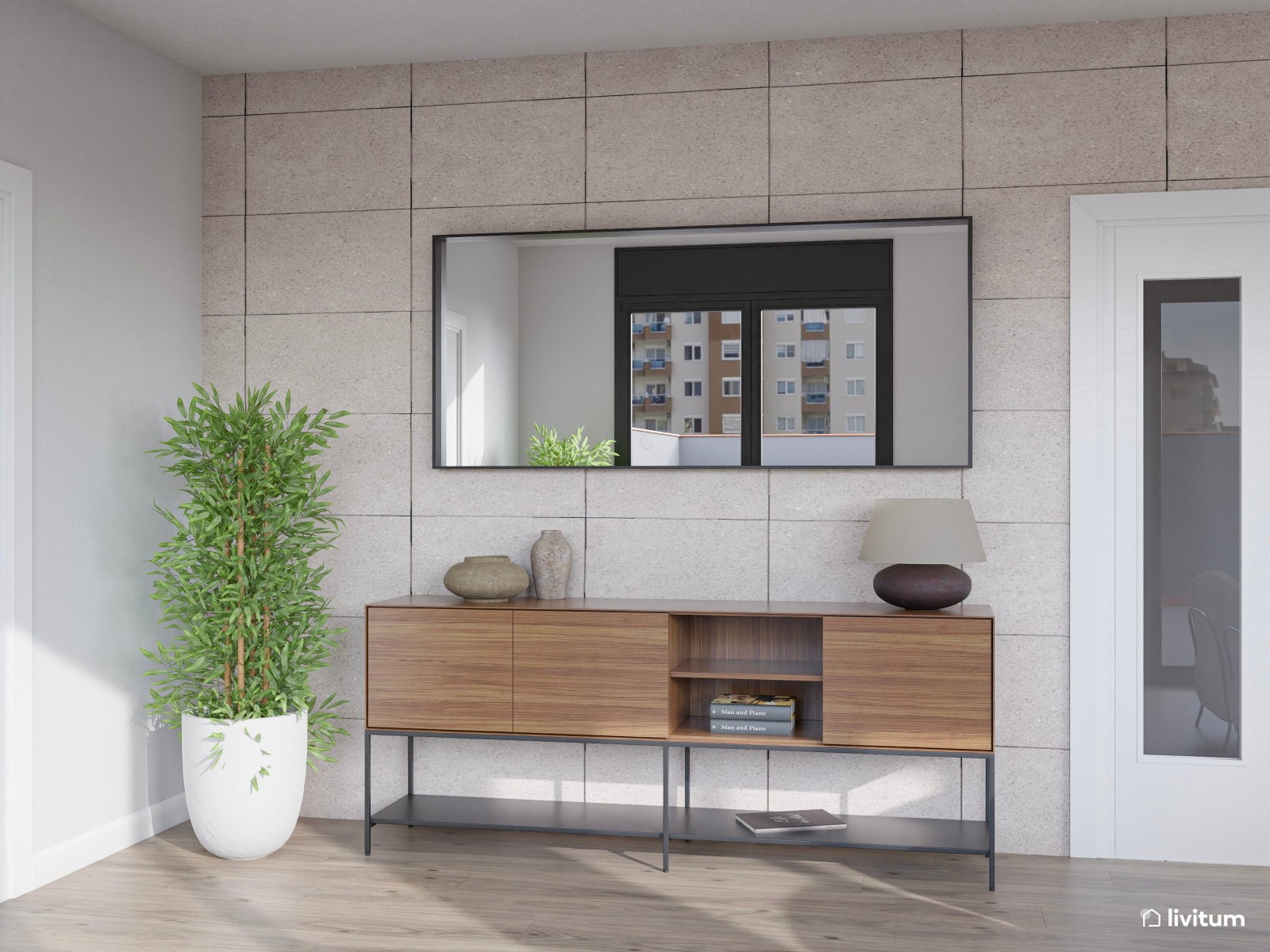 Moderno salón comedor con chimenea en tonos grises y detalles negros