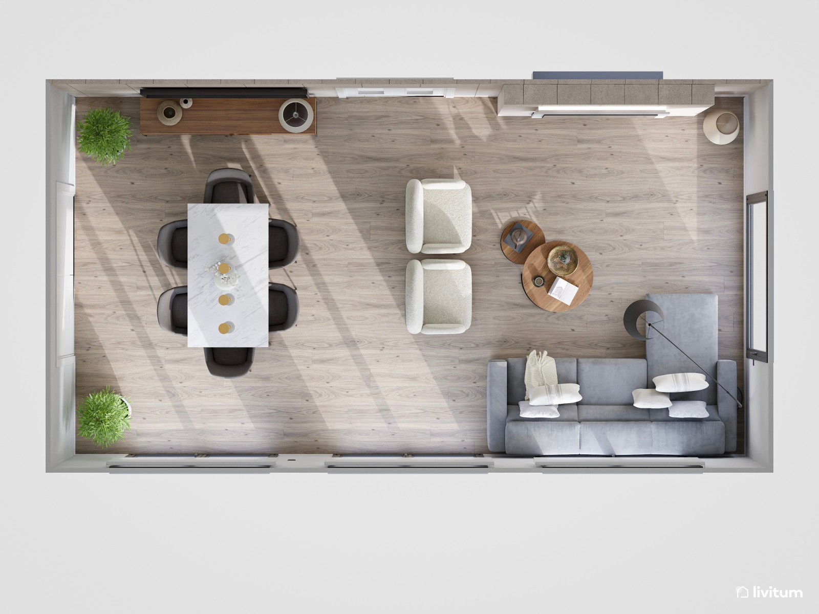 Moderno salón comedor con chimenea en tonos grises y detalles negros