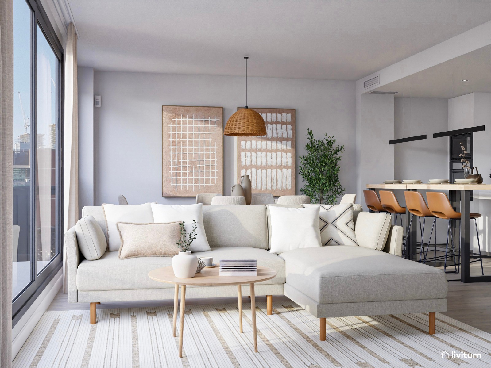 Moderno salón comedor con cocina abierta con detalles rústicos que enamoran