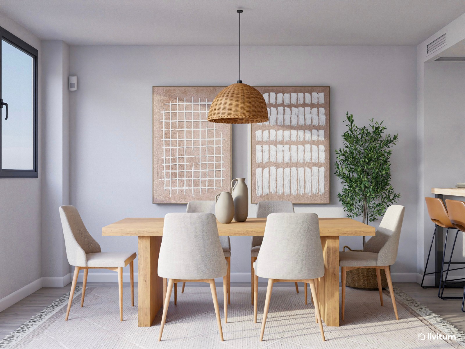 Moderno salón comedor con cocina abierta con detalles rústicos que enamoran
