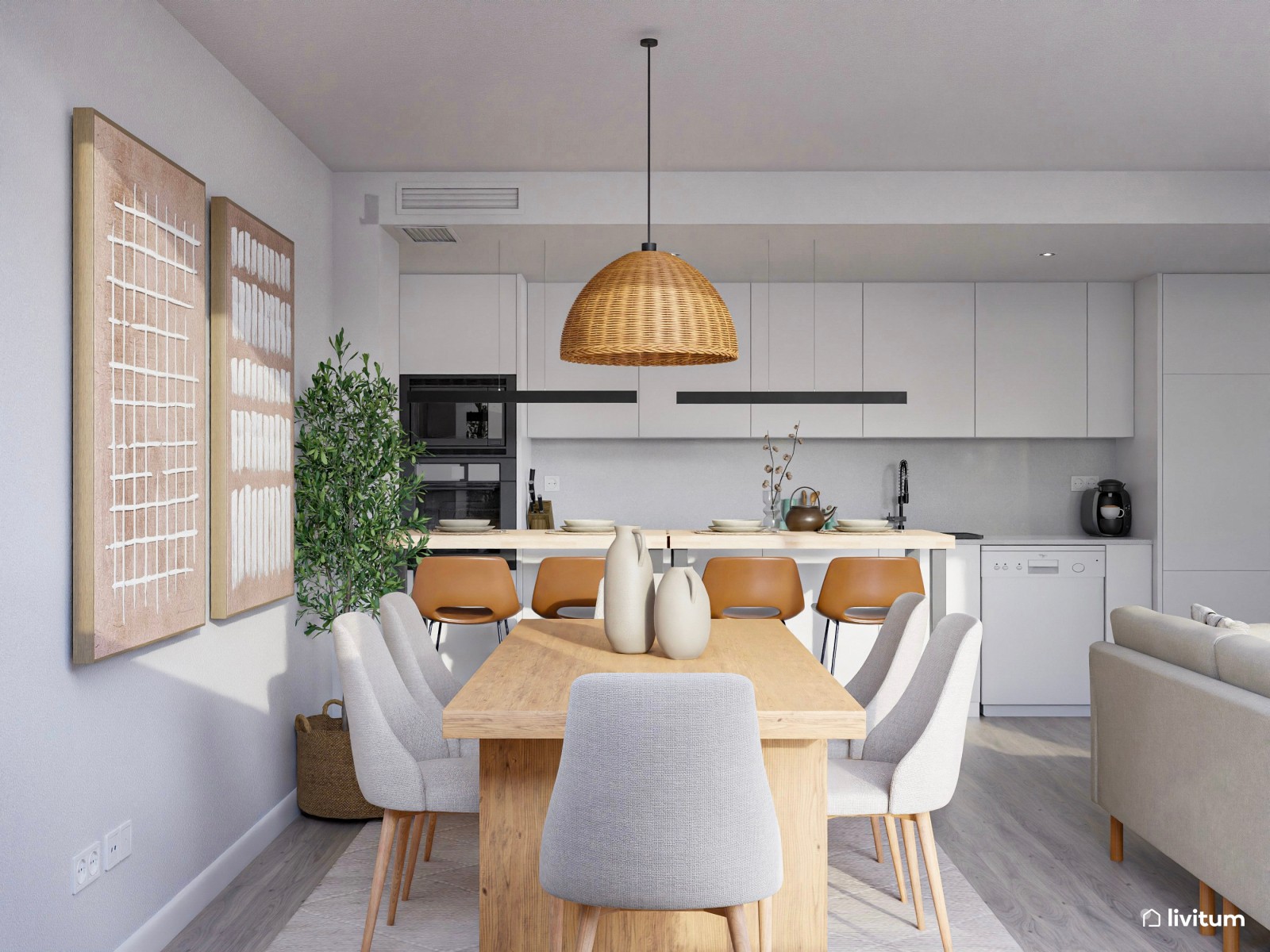 Moderno salón comedor con cocina abierta con detalles rústicos que enamoran