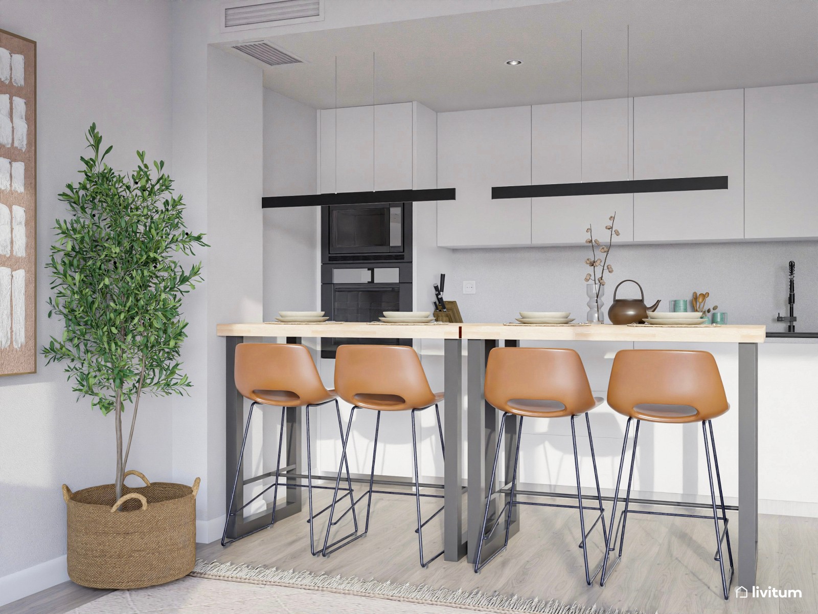 Moderno salón comedor con cocina abierta con detalles rústicos que enamoran