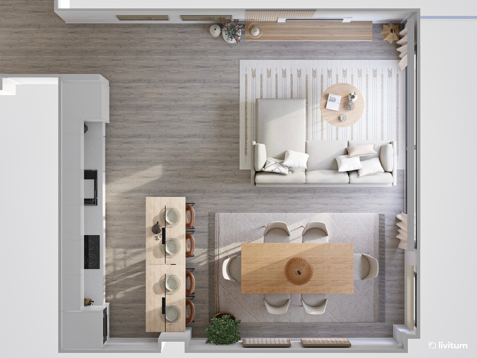 Moderno salón comedor con cocina abierta con detalles rústicos que enamoran