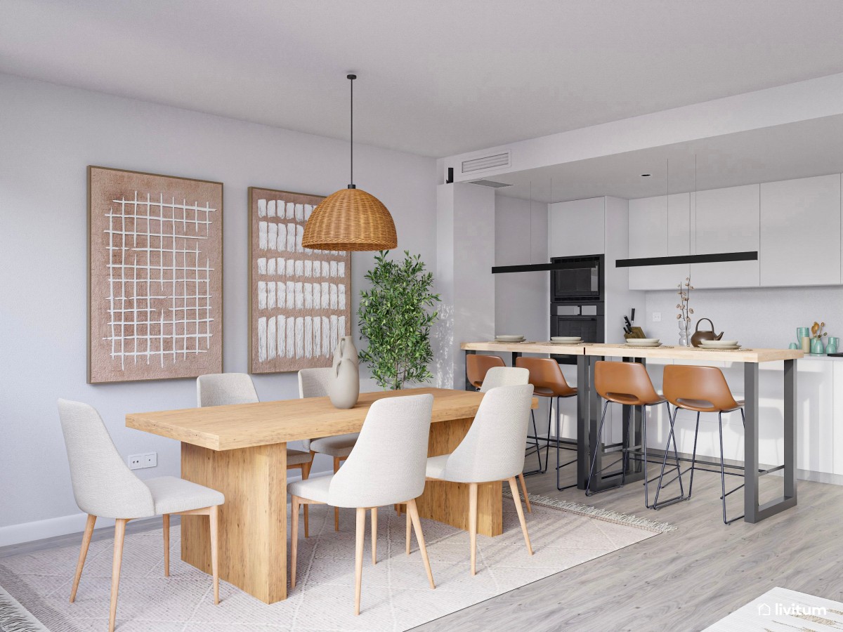 Moderno salón comedor con cocina abierta con detalles rústicos que enamoran